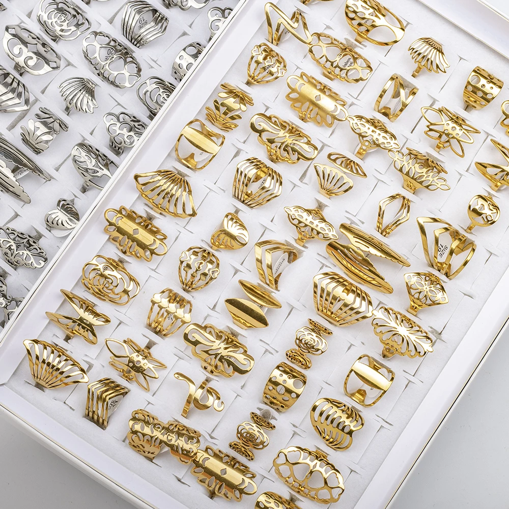 20 قطعة/الوحدة المرأة موضة الفولاذ المقاوم للصدأ الكبيرة والصغيرة الجوف قطع خواتم مجوهرات مزيج الحب زهرة القلب نمط للحزب هدية