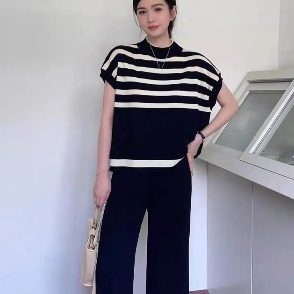 Fashion Short Sleeve Knitwear Crop Top Loose Female Clothing Stripe Knitted T-shirt Ins Bottoming Shirt Casual Top Women Summer