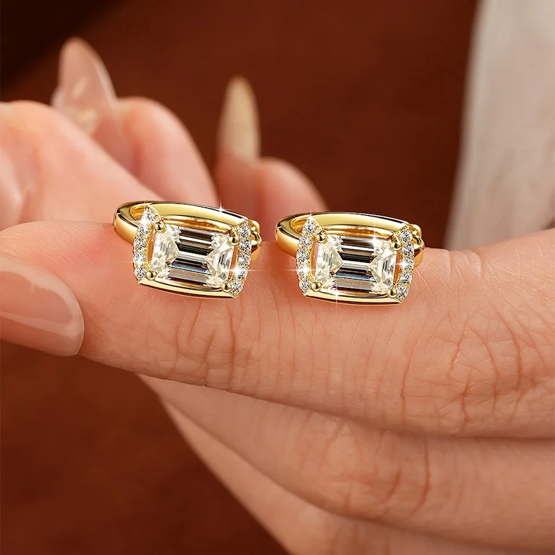 Rrjzz Huggie-Ohrringe mit Smaragdschliff, 5 x 7 mm, D-Farbe, Moissanit, für Damen, Laborimitation, Diamant-Creolen, Geburtstagsschmuck, Geschenke – Detail 5