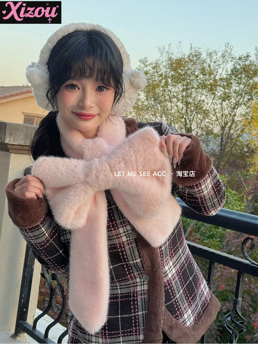 

Handmade Japanese Original Girl College Style Big Bow Plush Warm Scarf Sweet Cute Lolita Winter Solid Color Versatile Wool Scarf