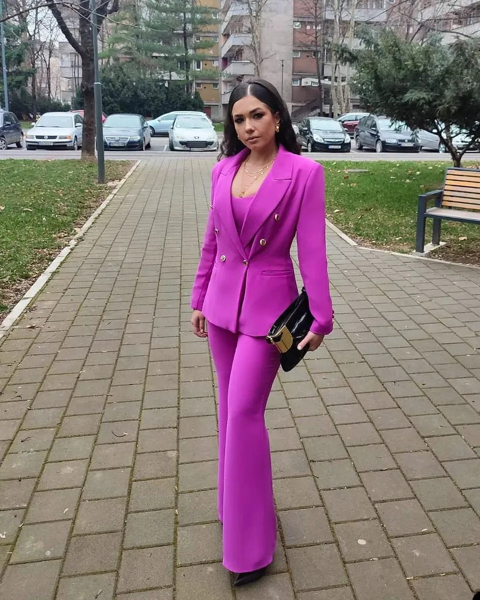 Slim Fit 2 sztuk kobiet spodnie garnitury podwójne piersi nosić na wesele matka panny młodej garnitur wieczór Party formalne strój