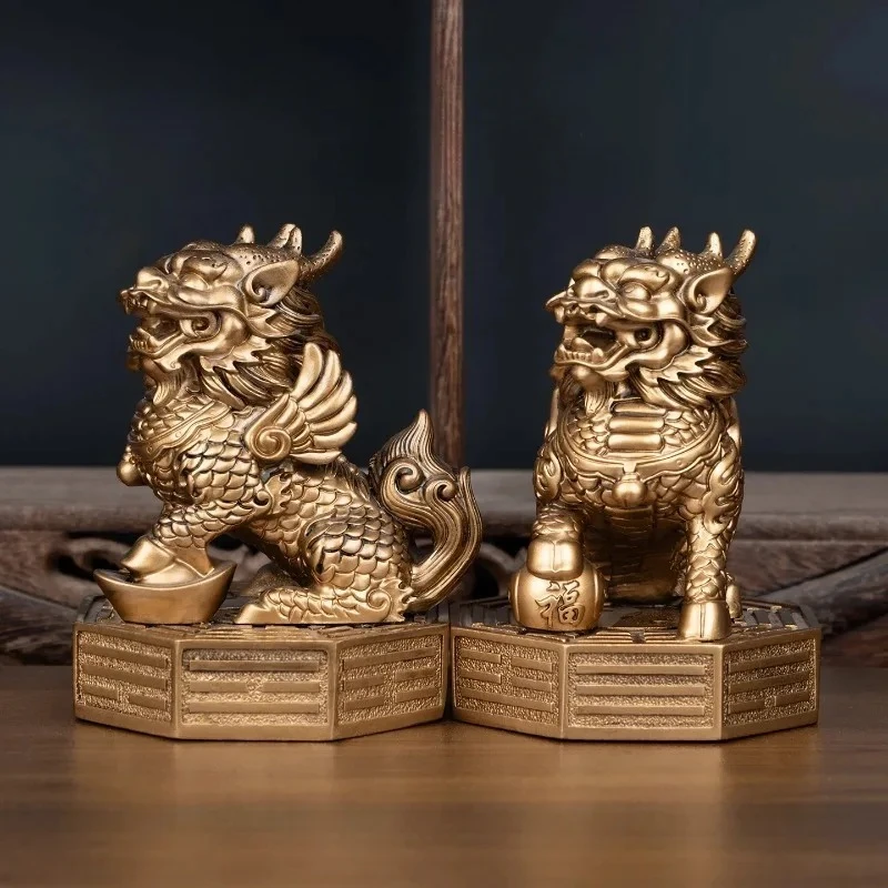 2Pcs Flying Winged Kirin Statues Golden Resin Qilin with Ingot Ball Bagua Pedestal Chinese Style Feng Shui Fortune Decor