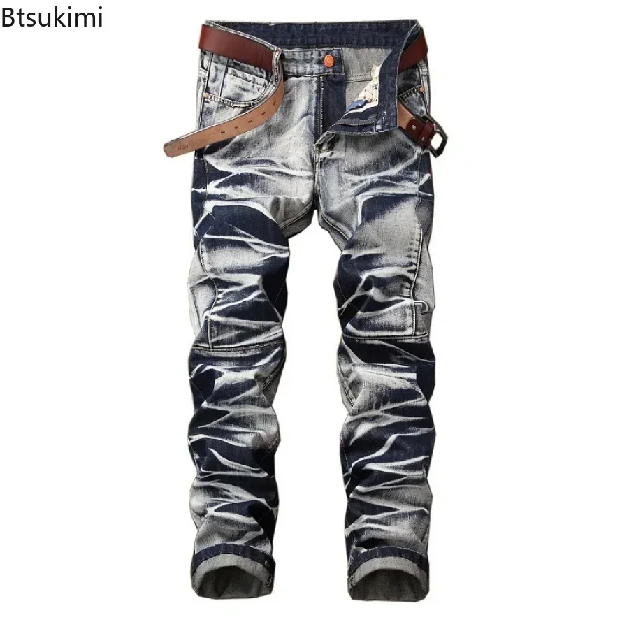 2025 Men's Fashion Vintage Jeans Slim Straight Leg Tie Dye Pleated Biker Denim Pants Male Casual Pants Oversized 42 High Quality