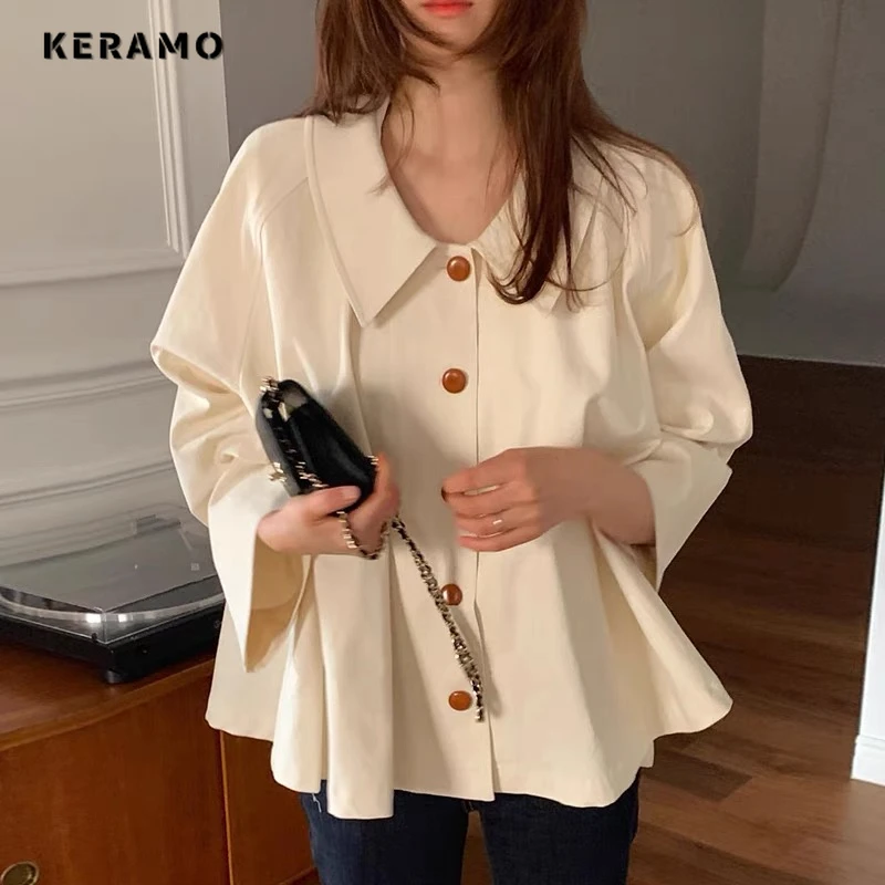 Vintage Elegant Style Peter Pan Collar Solid Color Simple Blouses 2024 Spring Women Office Lady Loose Long Sleeve Chiffon Shirts