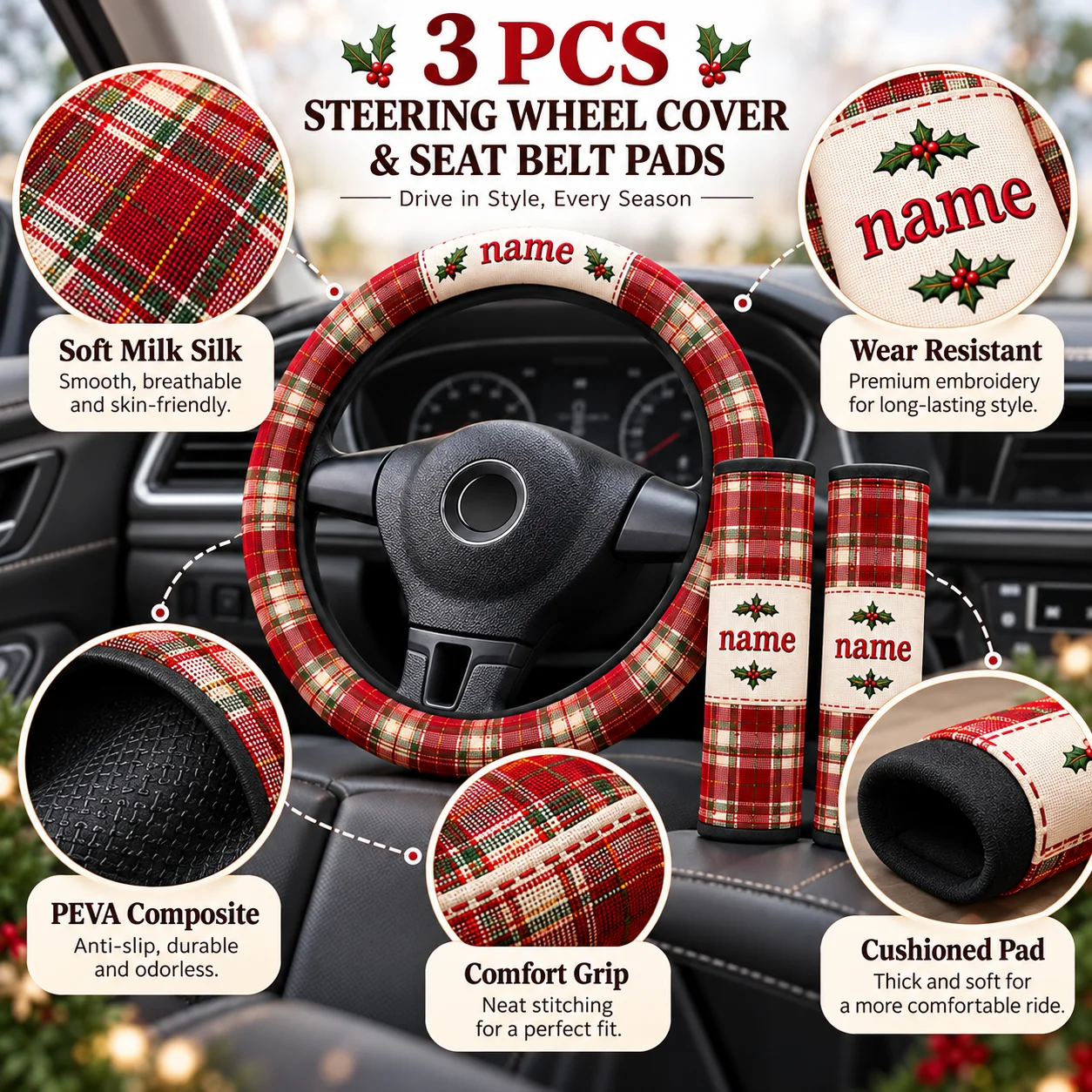Custom Steering Wheel Cover Milk Silk PEVA Custom Steering Wheel Cover Seat Belt Pad Set for Driving Travel Commute Car Decor