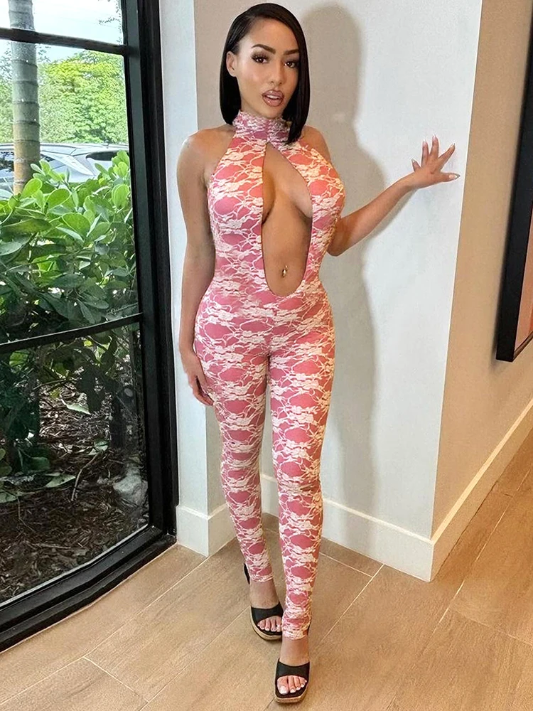 Sisterlinda 夏リリースジュニアファッションセクシーなハイストリートジャンプスーツ中空レースネックストラップ大きな谷間背中の開いたスリムジャンプスーツ