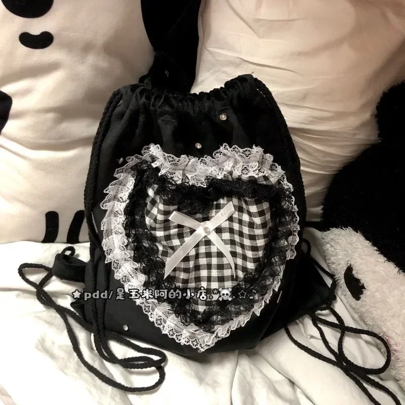 

Xiuya Black Plaid Womens Backpack Heart-shaped Lace Gothic Fashion Backpack Y2k Designer Bow Cute Sweet Casual Ladies New in Bag