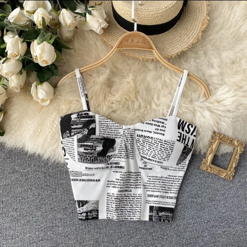 New Printed Newspaper Sleeveless Tops with Chest Pad Ice Ribbon Camisole Creative Vest Summer