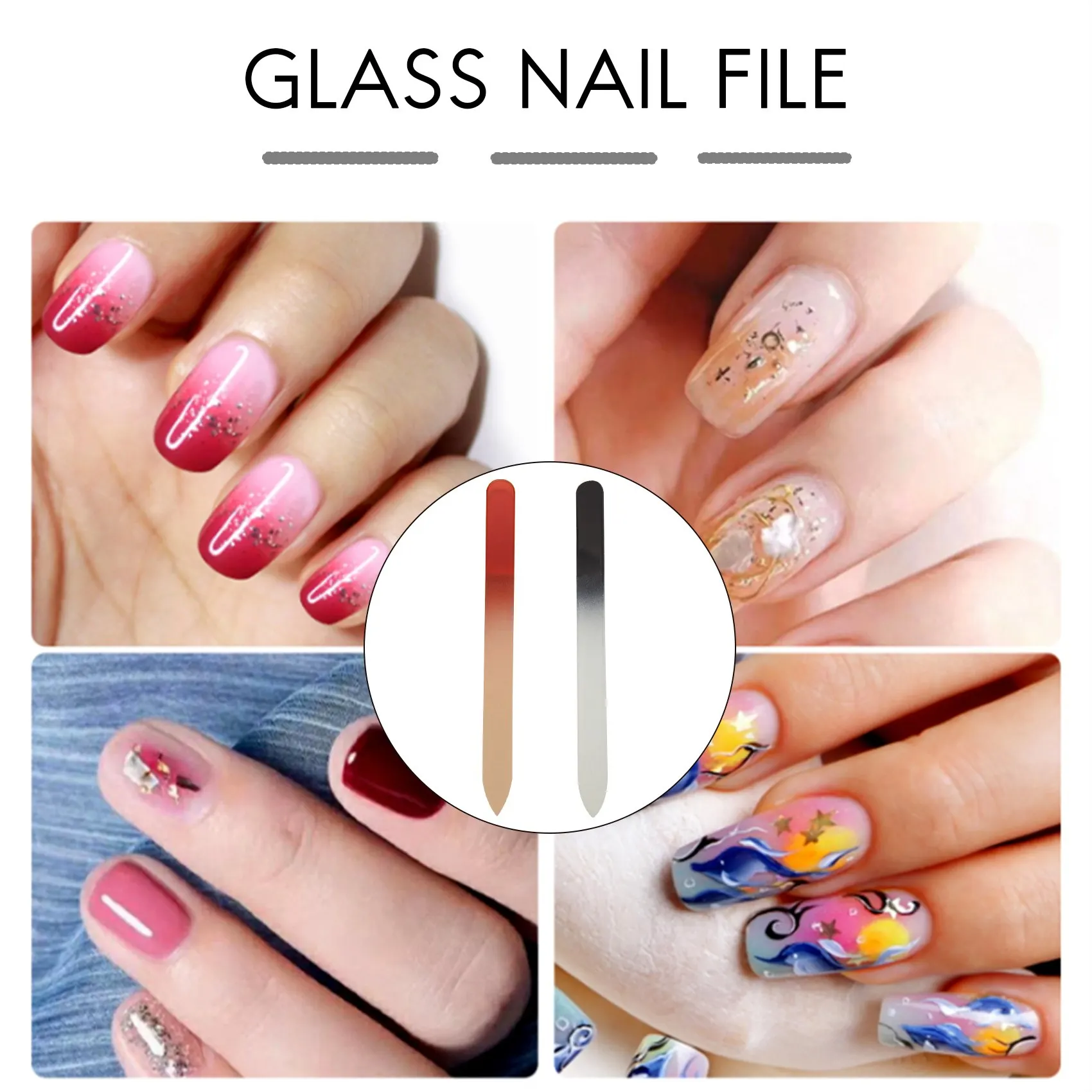 A39M 4本組ガラス製ネイルファイル、ケース付きクリスタルネイルファイル、両面フィンガーネイルファイル、プロ用マニキュアネイルケア