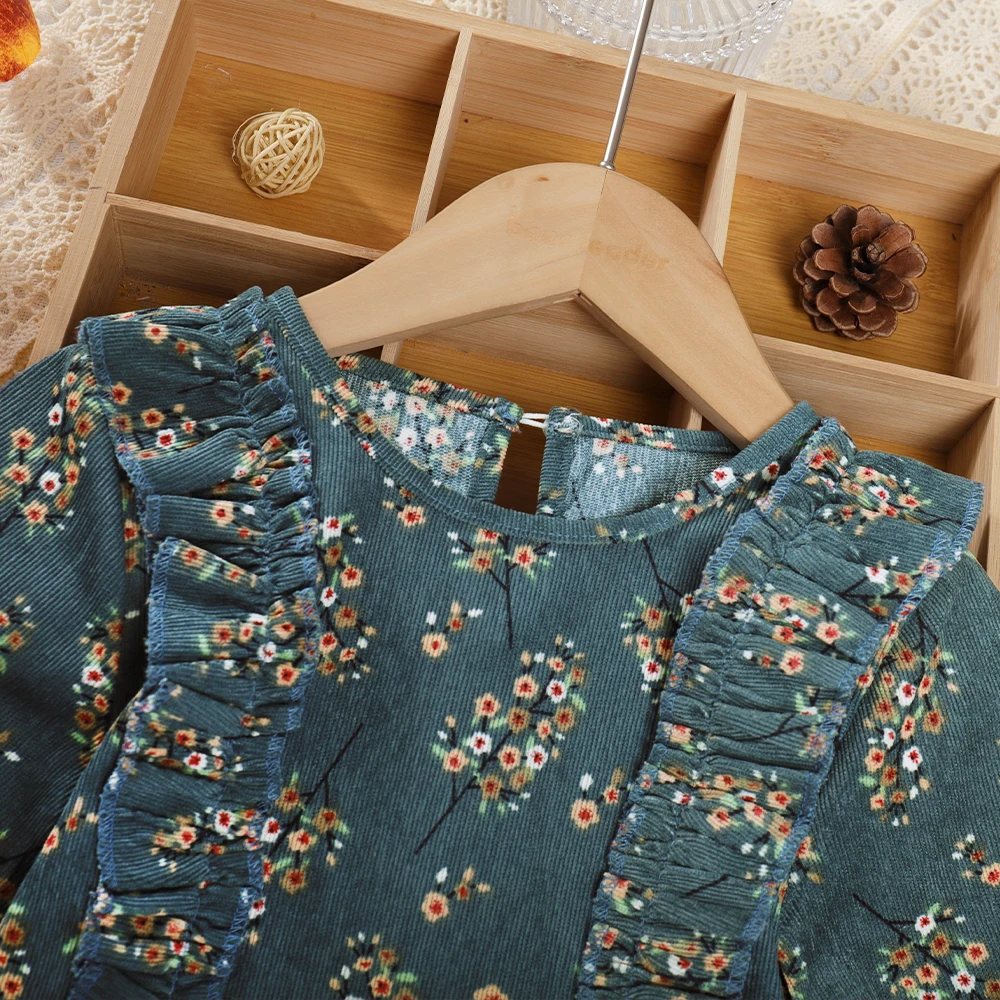 Korean Version of Leisure Countryside Style Girls'  Autumn New Ruffled Flower Print Long Sleeve Dress Children's Fashion Clothes