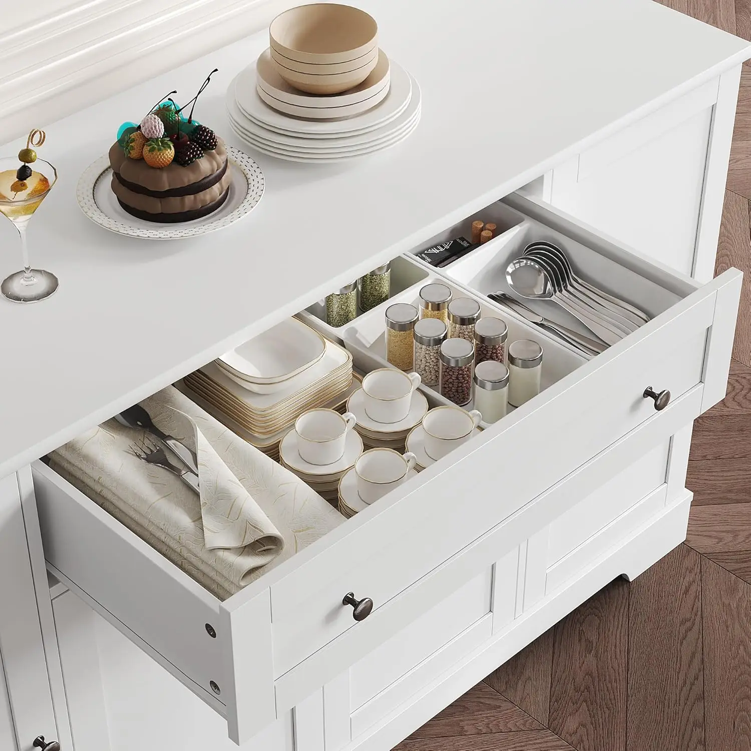 54" Buffet Cabinet with Storage, Modern Kitchen Buffet Sideboard ,Wood Coffee Bar Cabinet with Adjustable Shelves,White