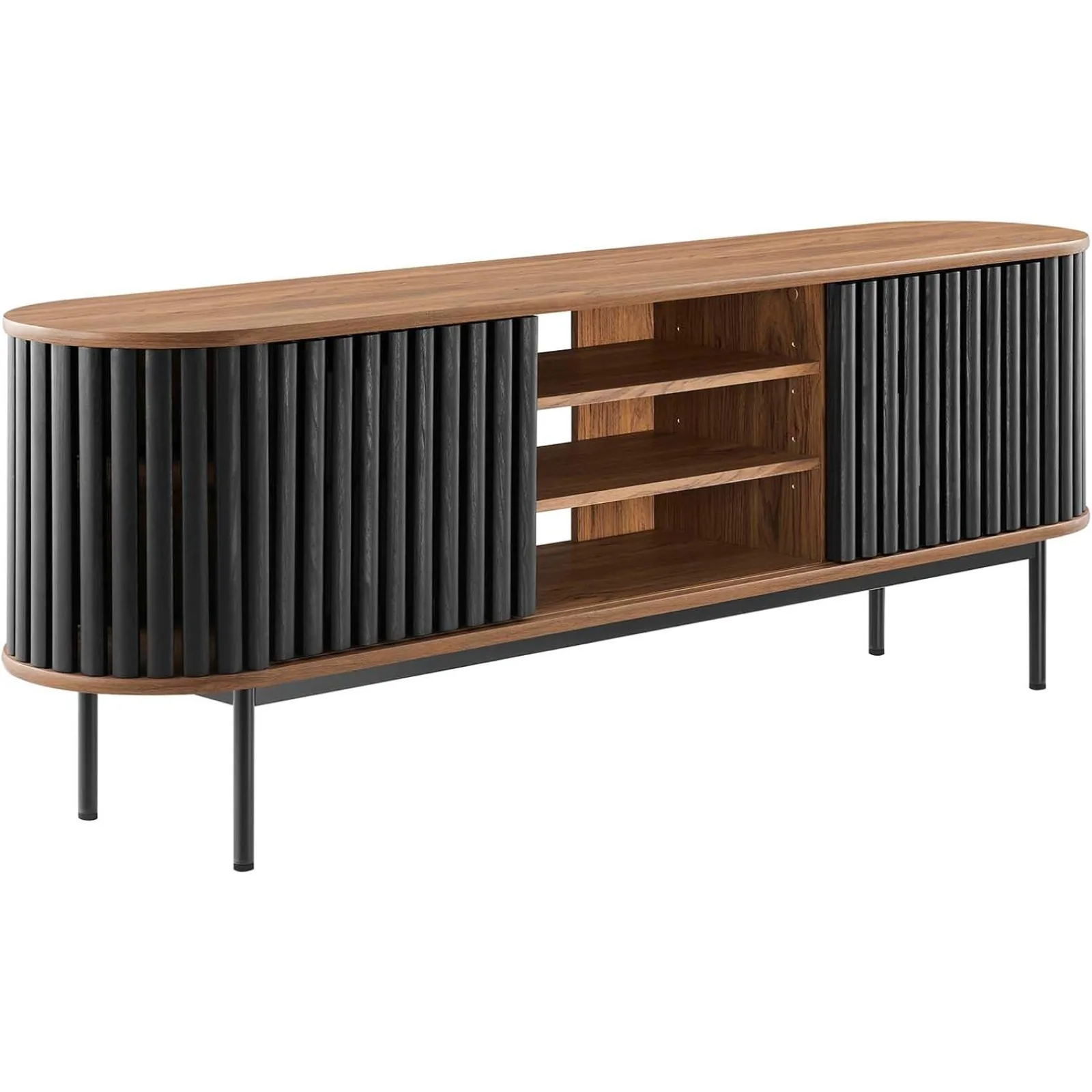 

US TV Stand with Adjustable Shelves and Sliding Doors, Walnut Black