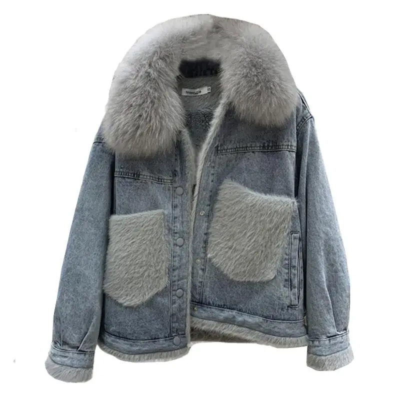 Short Thicken Denim Jacket for Women 2025 Autumn Winter Detachable Imitation Fox Fur Zipper Denim Coat Female Warm Tops Wh125