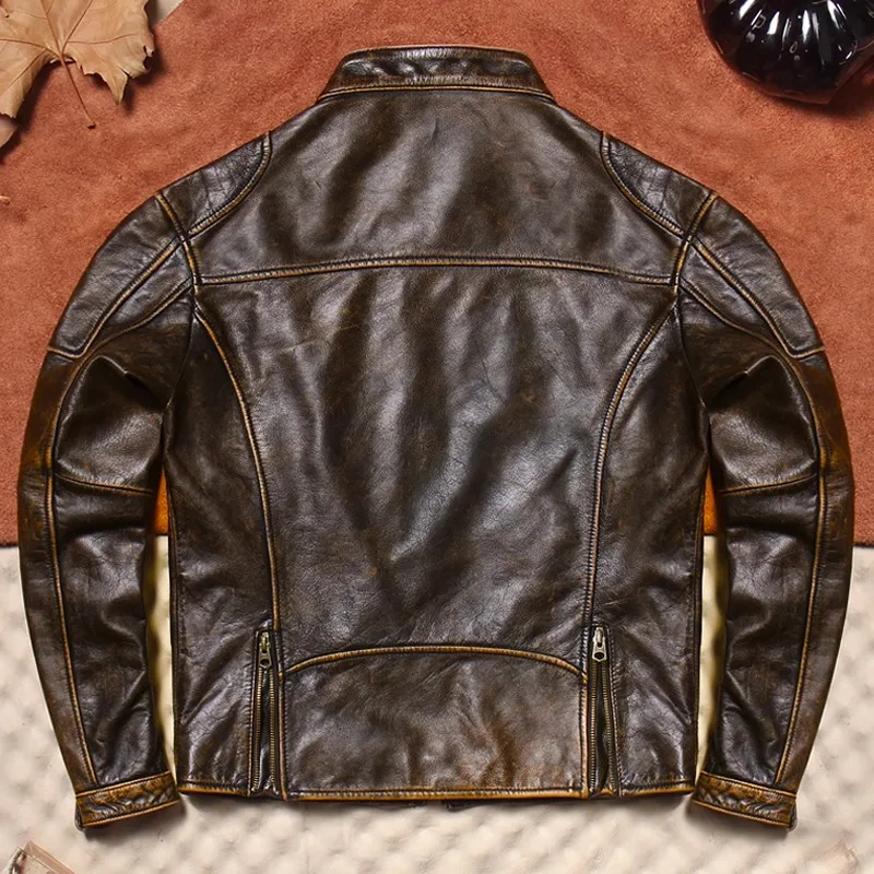 Men\'s leather jacket classic J100 brown and yellow leather retro cowhide motorcycle riding suit short, sportsman, fashion