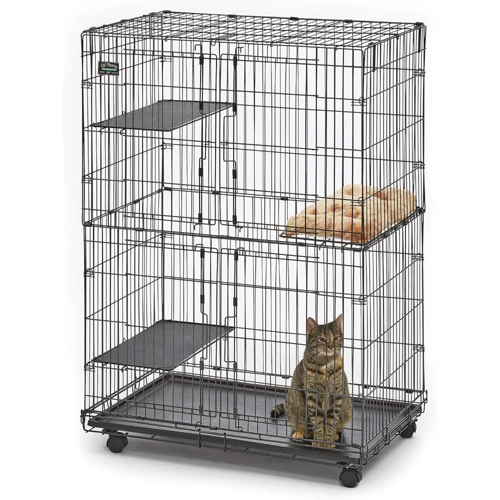 

Folding Metal Indoor Cat Playpen, Cage Includes Locking Wheels, 3 Platforms, Removable Tray, Plush Bed, S