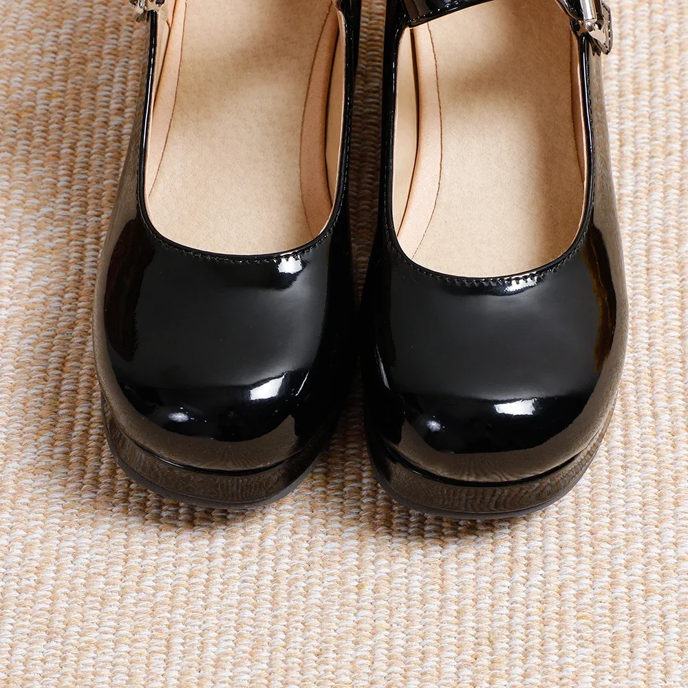 New Sweet Black White Women Casual Pumps Lovely 2 inch Med Sqaure Heels School Lady Dress Shoes Small Big Size 30 46 48 - view 4