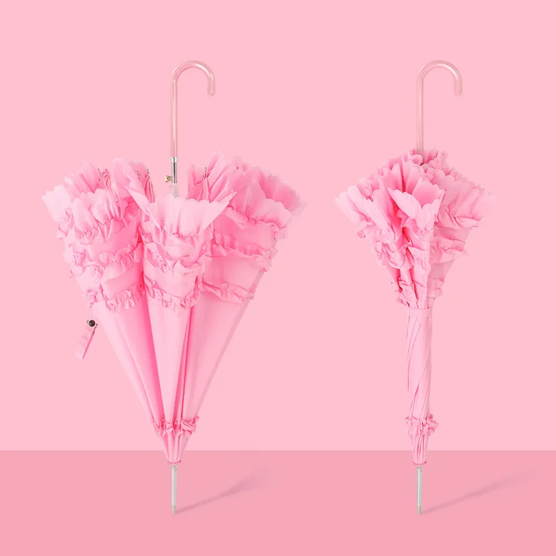 Lace Umbrella with Long Handle Semi-automatic Wedding Umbrellas Cute Princess Parasol, Gothic Lolita Marriage Large Umbrella