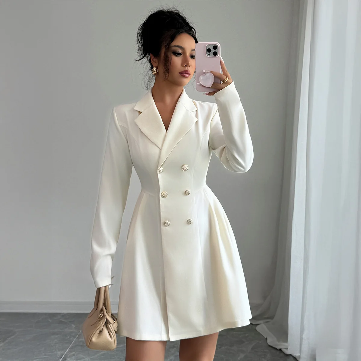 Women's Solid Color Button Up Long Sleeve Notched Collar Elegant Work Mini Dress Office Formal Casual Women's Clothing