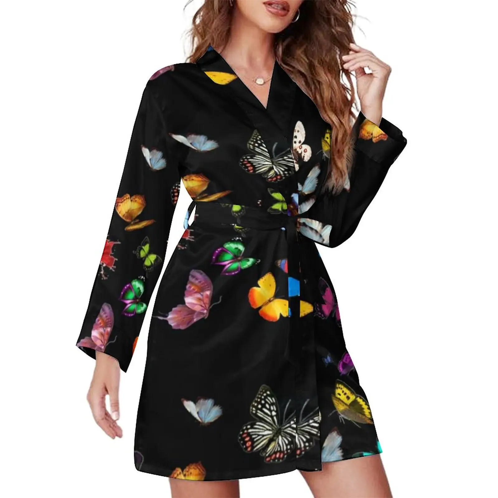 

Colorfull Butterfly Pajama Robe V Neck Lots of Pretty Butterflies Sexy Dress Lady Long Sleeve Room Sleepwear Print Pajamas Robes