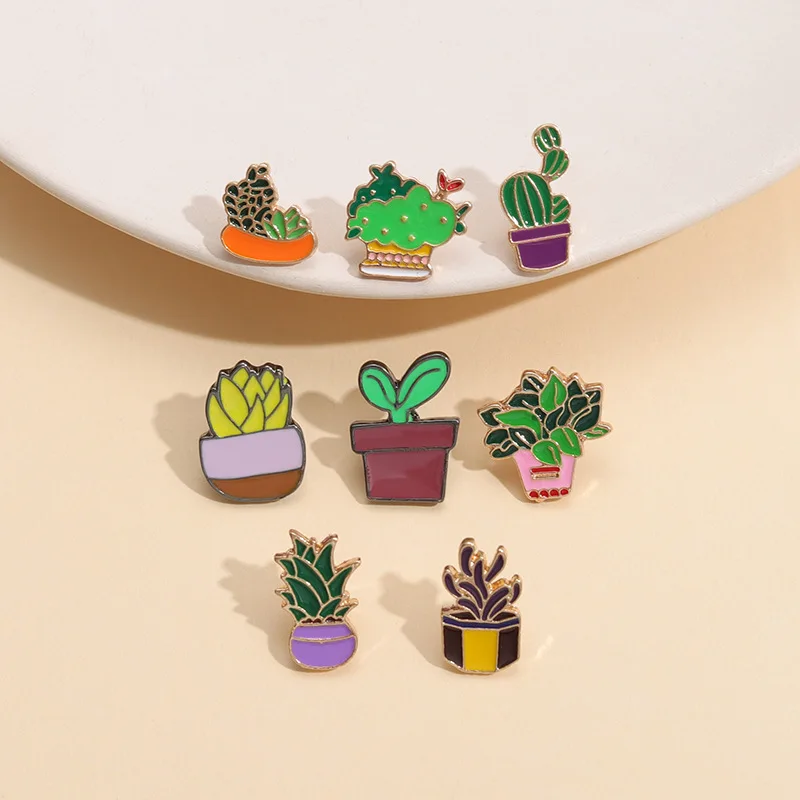 Plant cactus potted q succulent namel Cute Brooch Pin Metal Badge Clothing jewelry Accessories Wholesale For Women