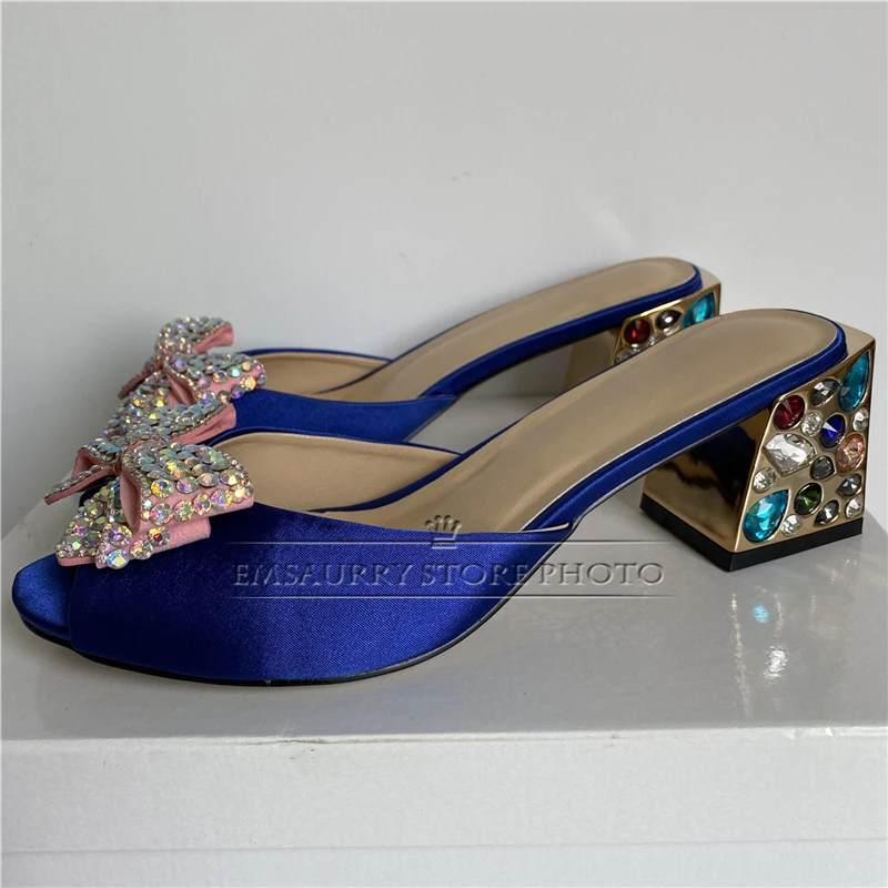 Crystal Jeweled Butterfly-Knot Sandals Women Colorful Rhinestone Diamond Square Heel Luxury Satin Slingbacks Mules Summer