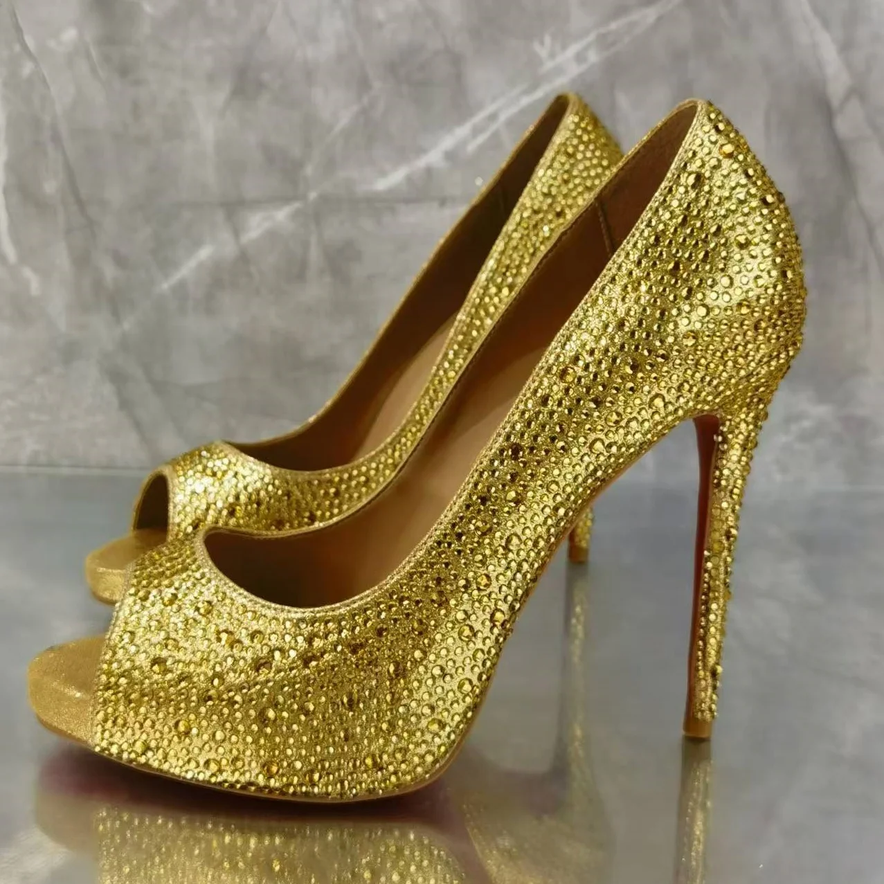 Gold Crystal Jeweled Embellished Peep Toe High Heel Pumps Women Full Diamond Slip On Stiletto Heel Party Dress Shoes Pumps