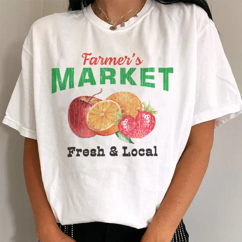 

Farmers Market Fruit Printed T-shirts Short Sleeve Vintage Cute Graphic Tees Women Cottagecore Aesthetic Strawberry T Shirt Tops