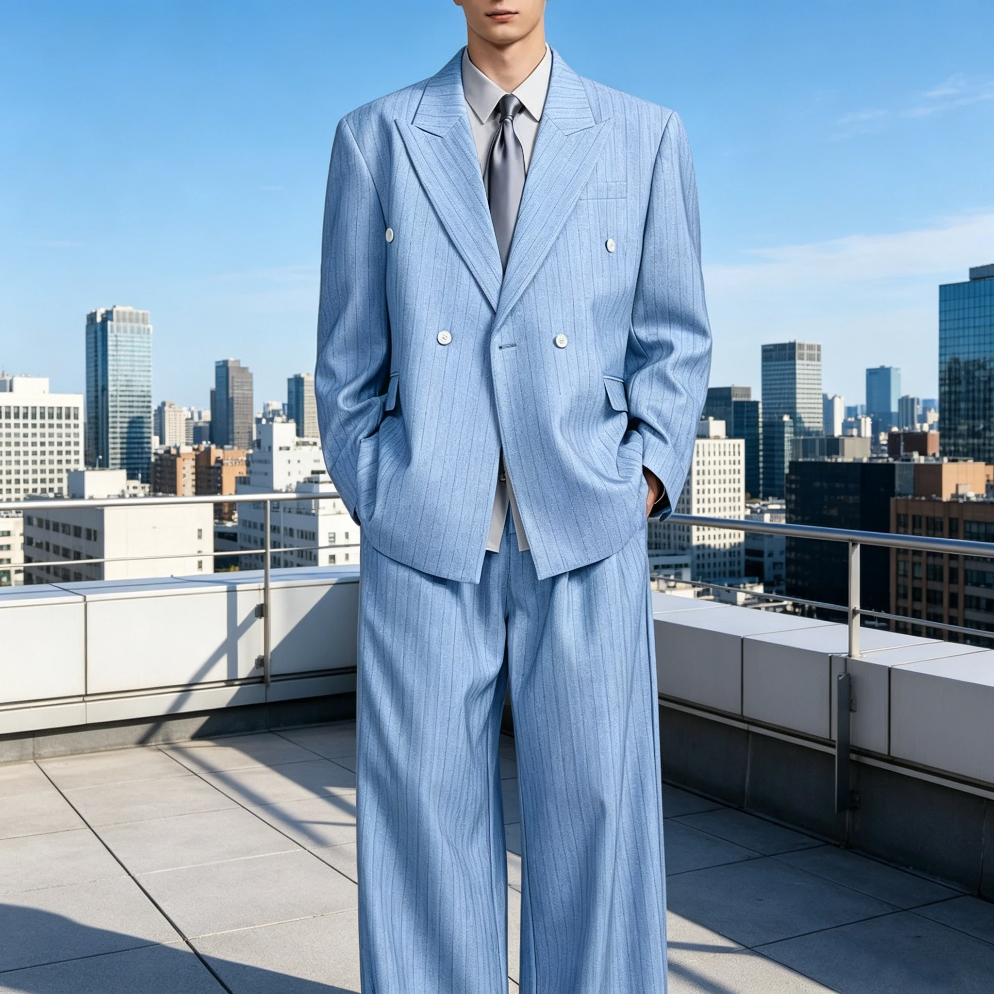 Men's 2-Piece Pinstripe Suit Oversized Double Breasted Blazer with Wide Leg Trousers Loose Fit Casual Business Formal Suit Set
