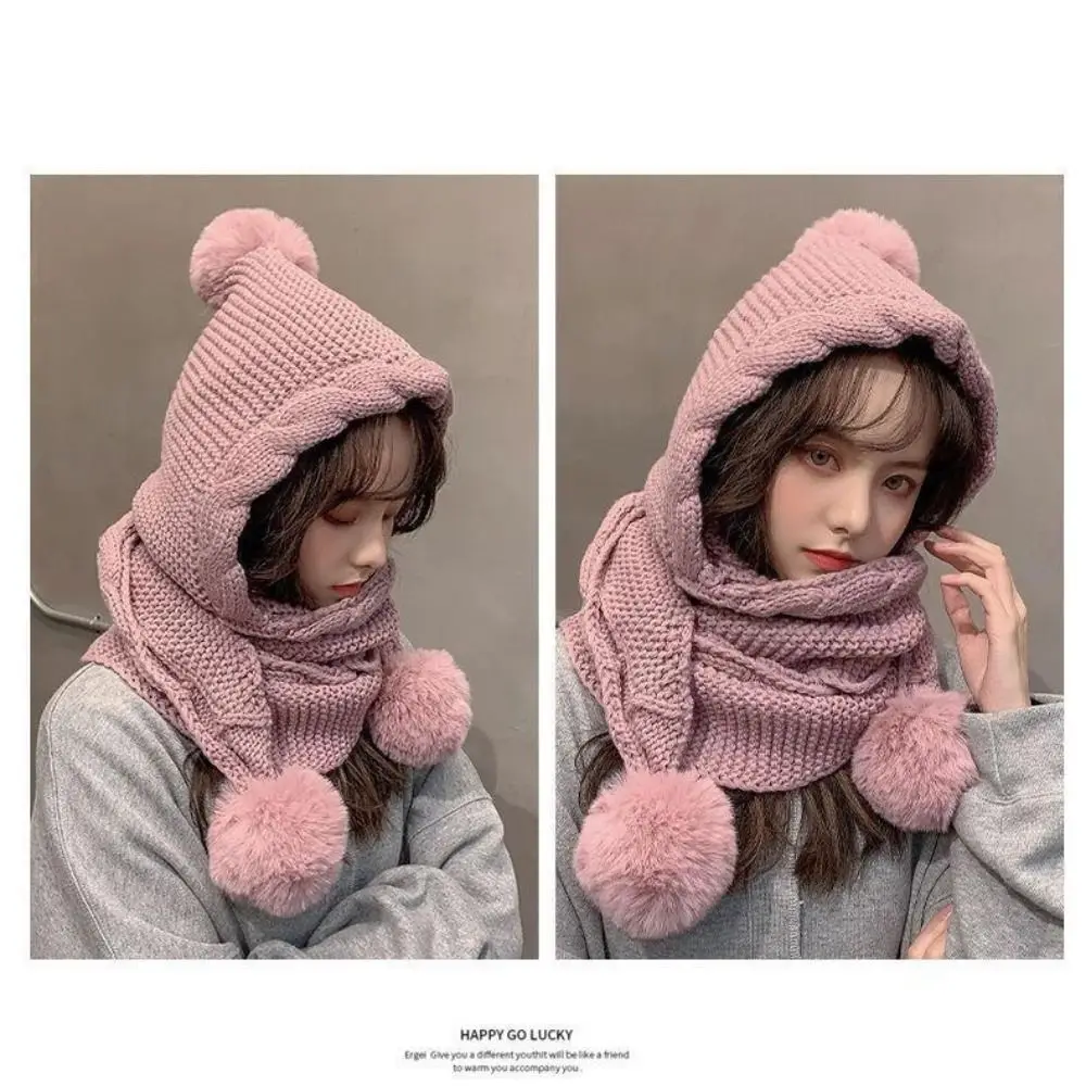 Moda invierno bufanda con capucha sombrero protección contra el frío gorro de punto grueso protección para los oídos bola de piel gorros cálidos