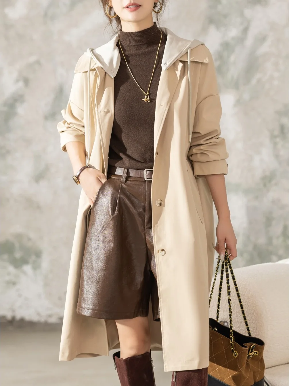 

Ele Loose Hooded Long Women's Coat Versatile Autumn Winter Faion High-End Feelings Commute Sle Korean Version