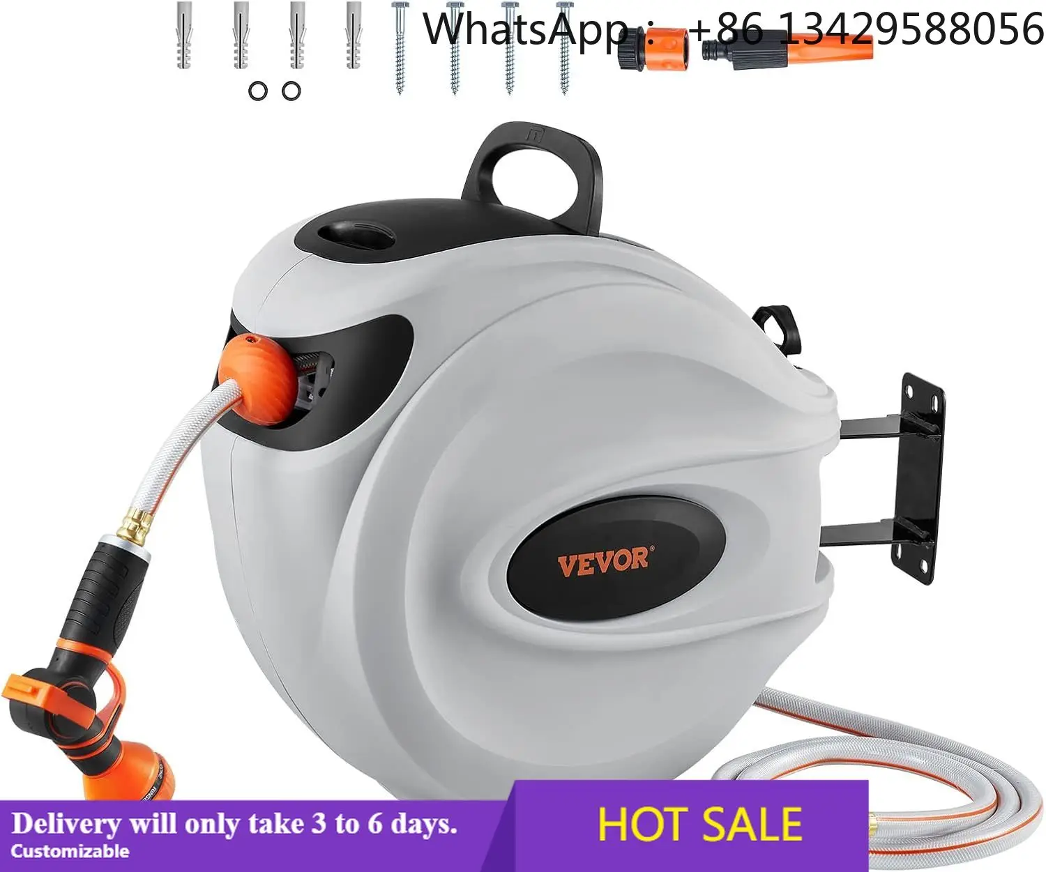 Retractable Hose Reel, 130 ft x 1/2 inch, Garden Water Reel with 9-Pattern Nozzle, 180° Swivel Bracket Wall-Mounted