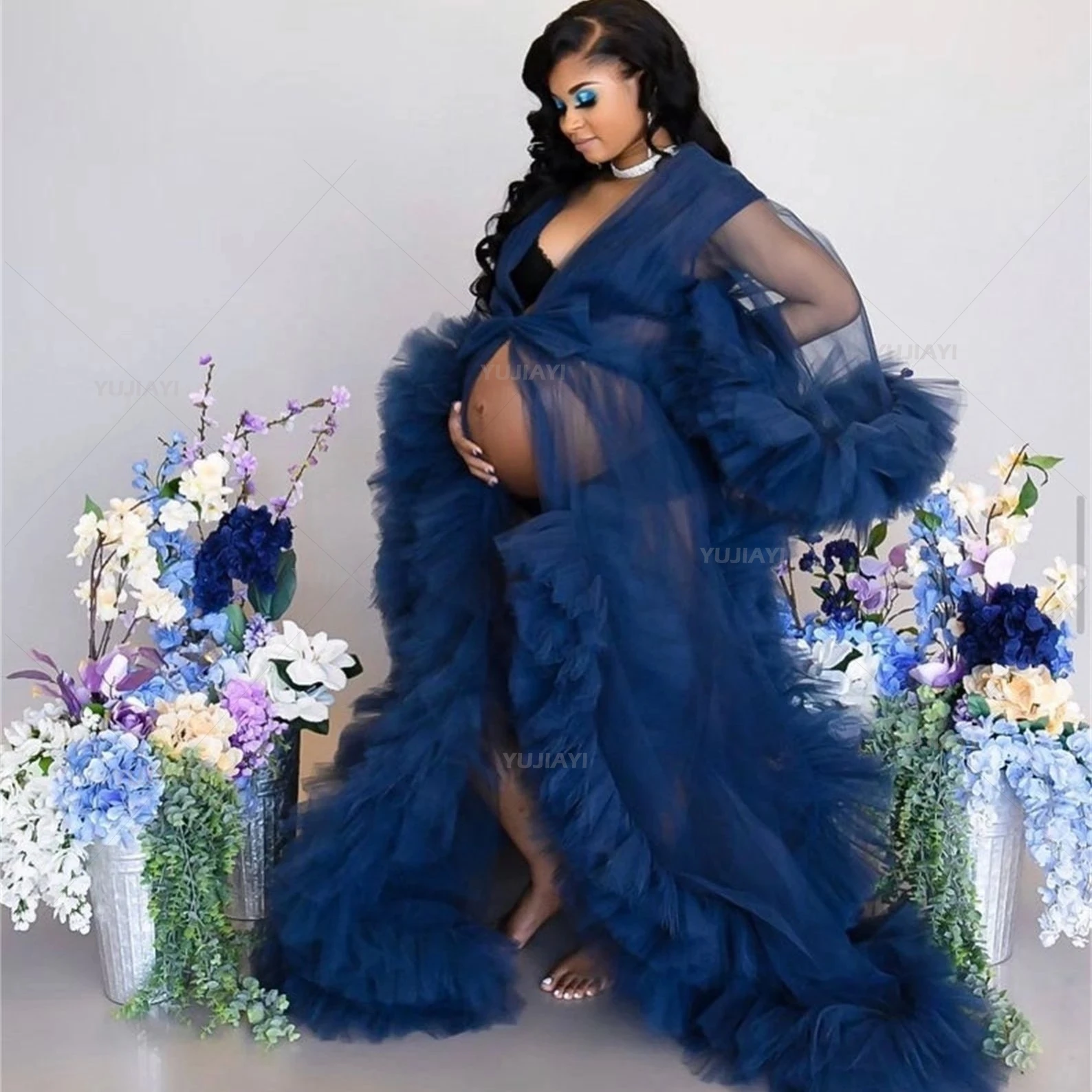 Customized Maternity Dresses A Line Tulle Ruffled Prom Maternity Gown for Photoshoot Boudoir Lingerie Tulle Bathrobe Nightwear