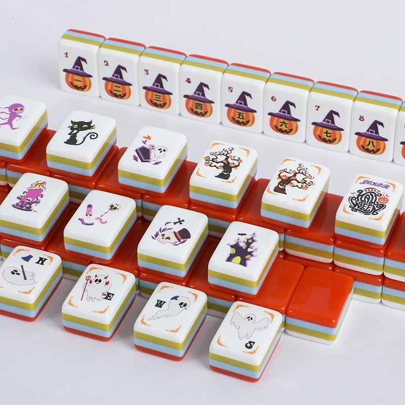 Halloween Themed American Mahjong Set 160Pcs Acrylic Mahjong Tiles Original Ghost Pumpkin Spider Web Pattern Board Game Holiday