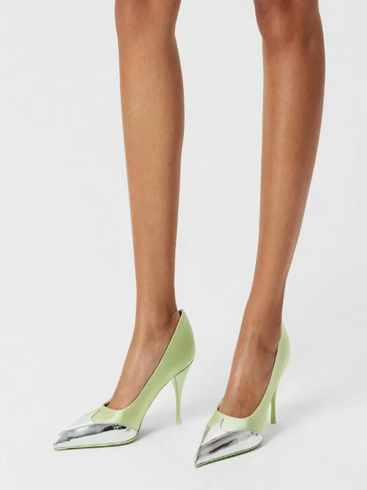 Green Black Pink Sliver Patchwork Satin Pointed Toe Stiletto Heels Pumps Sexy Women Shallow Slip On High Heel Party Dress Shoes