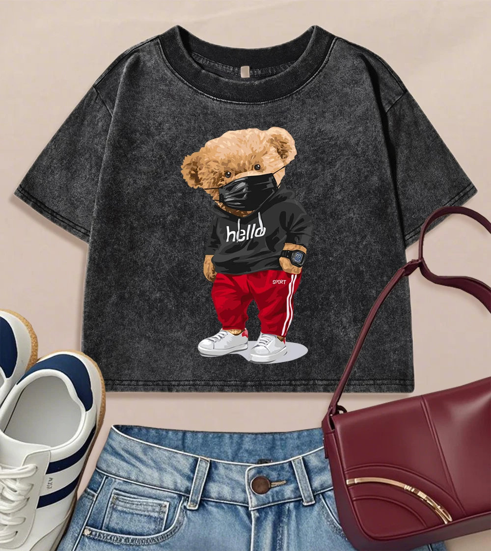 

Спортивная футболка с мультяшным медведем в маске и принтом, женская летняя футболка с круглым вырезом, тонкая хлопковая повседневная футболка с короткими рукавами