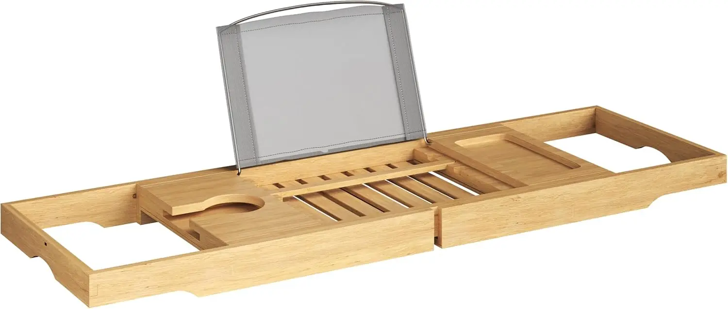 Bandeja de Banheira de Bambu - Suporte de Madeira para Livros, Celular ou Tablet, com Porta-Copos e Laterais Estendidas para Acessórios de Banho