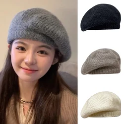 Winter Warm Knitted Beret for Women Mohair Woolen Berets Fashion Vintage Soft Painter Hat British Retro Trendy Solid Newsboy Cap