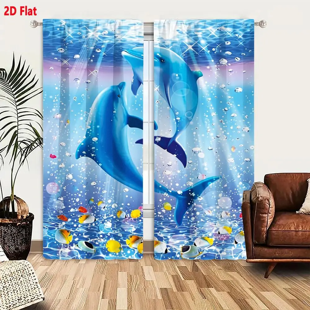 2D Flat - 2pcs Dolphin Ocean Curtains Underwater Fish Print Blackout Drape Living Room Bedroom Window Treatment Home Decor