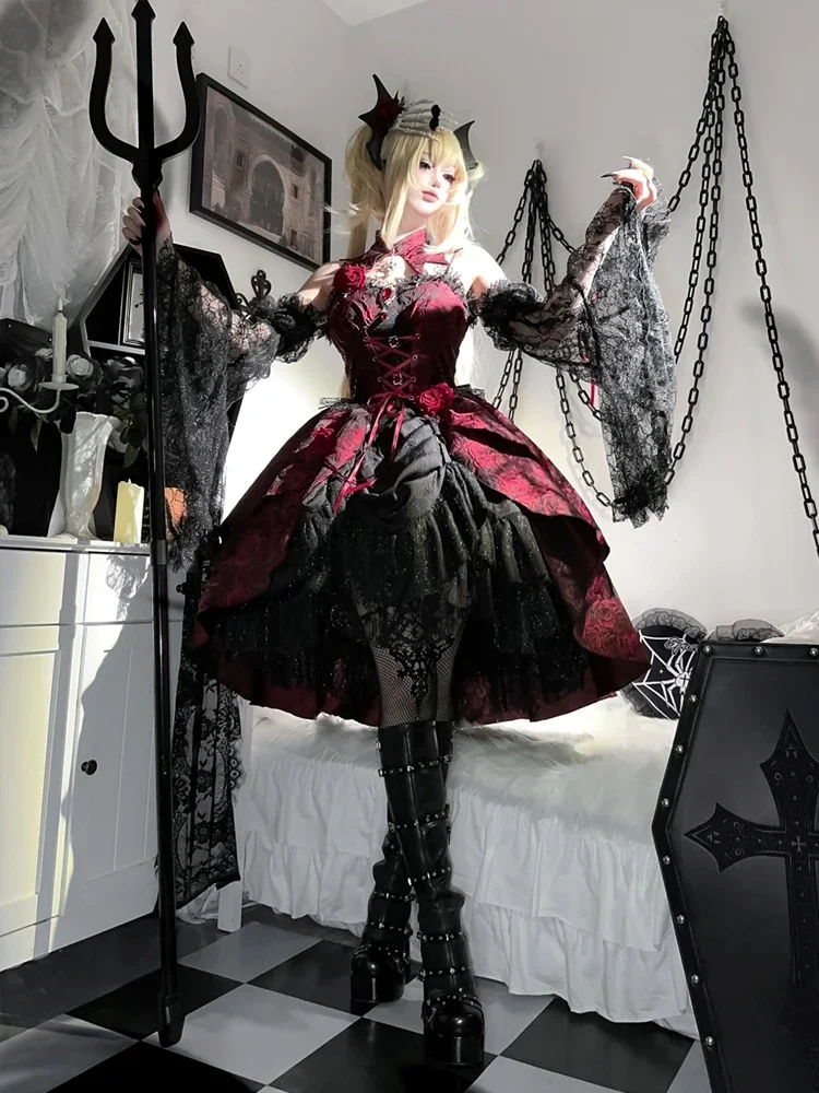 Original Rose Dish Jsk Lolita gótico oscuro negro y rojo Jacquard subcultura vestido de corte Lolita 2025 nuevo vestido de Lolita para mujer