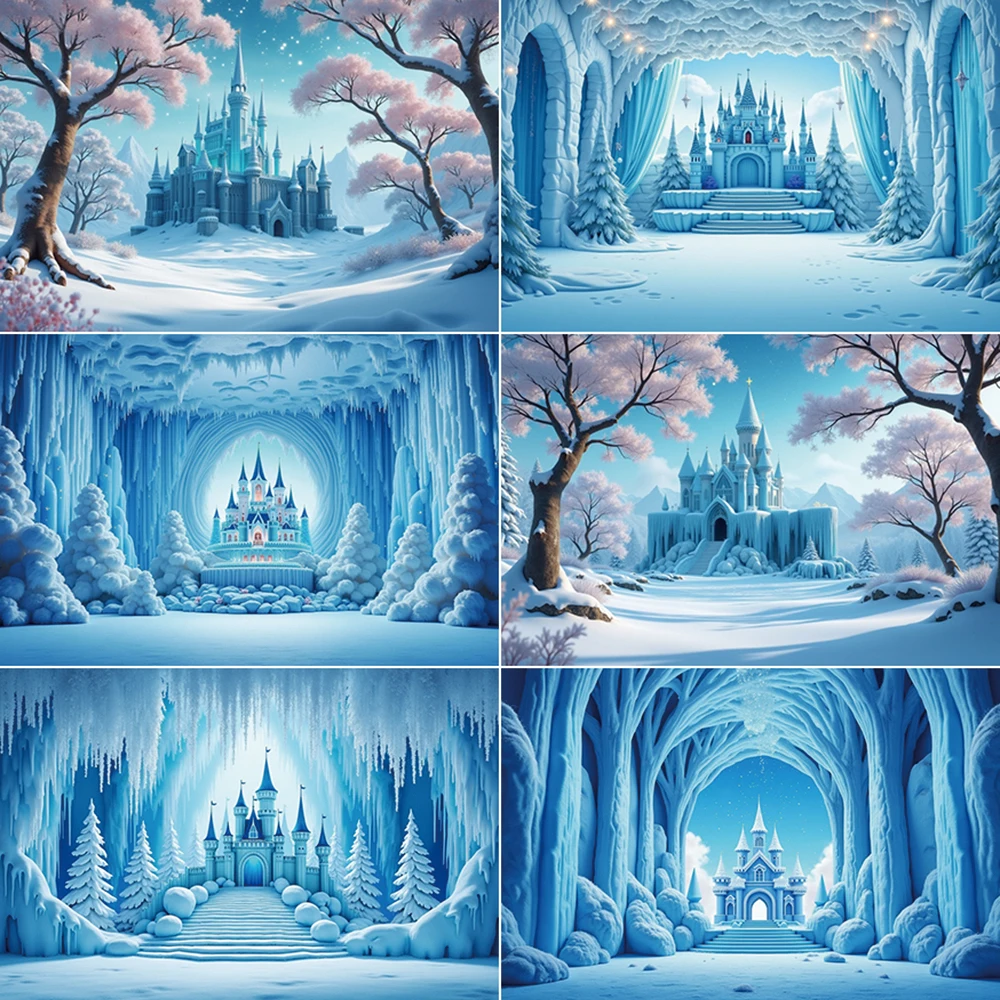 

MOON.QG Girls Frozen Birthday Party Photocall Backdrop Princess Ice Castle Background Children Photography Studio Photozone Prop