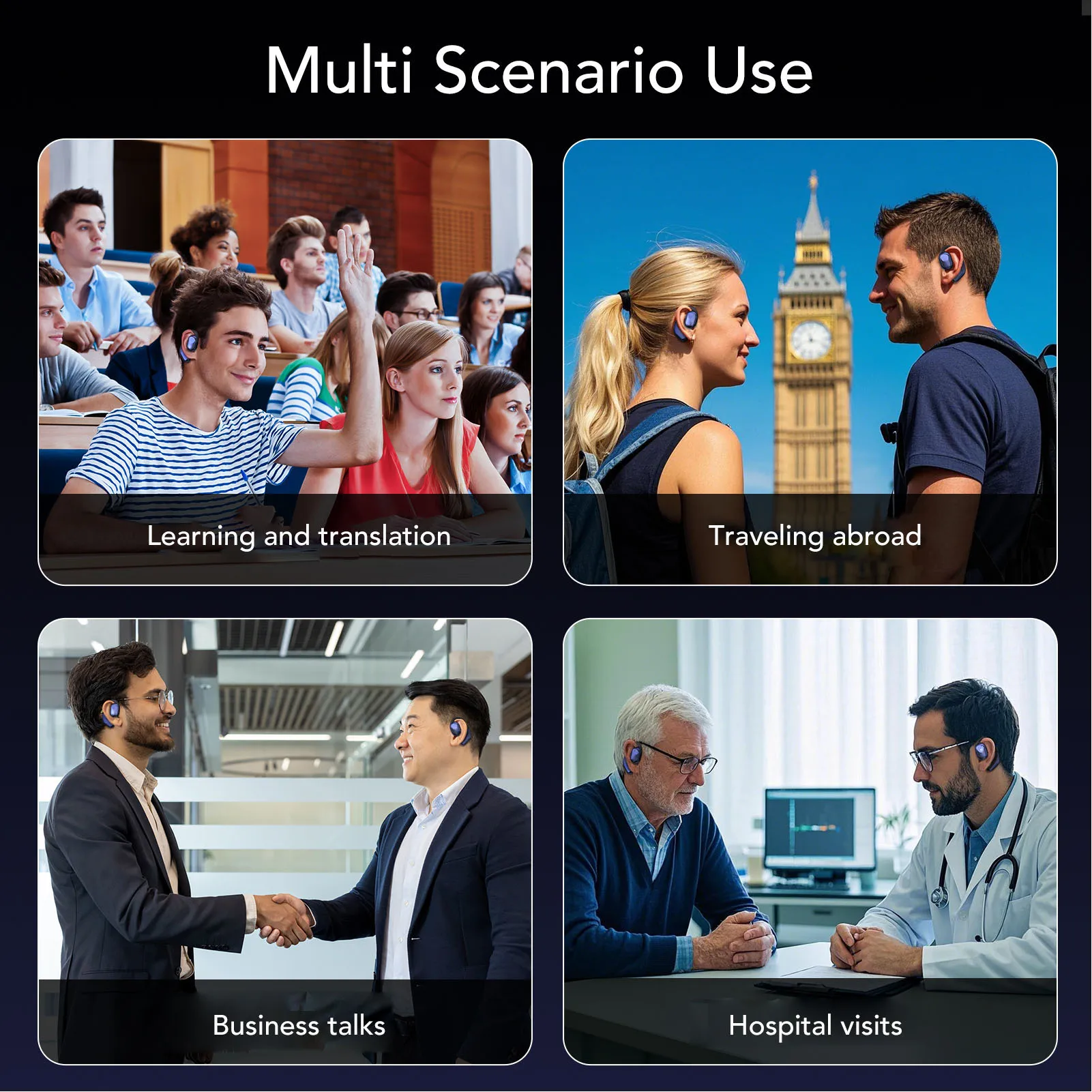 سماعات أذن للترجمة الذكية 134 لغة في الوقت الحقيقي، سماعات أذن بخطاف بلوتوث، سماعات أذن للترجمة اللاسلكية