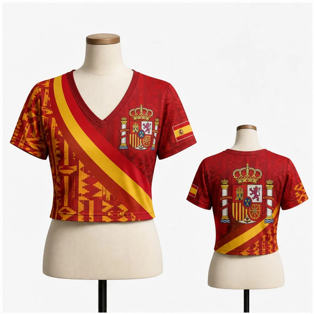 Womens V Neck Cropped Tee Spain Crest Ribbon Graphic Short Sleeve Summer Casual Top With Regal Back Design Street Style Day Look