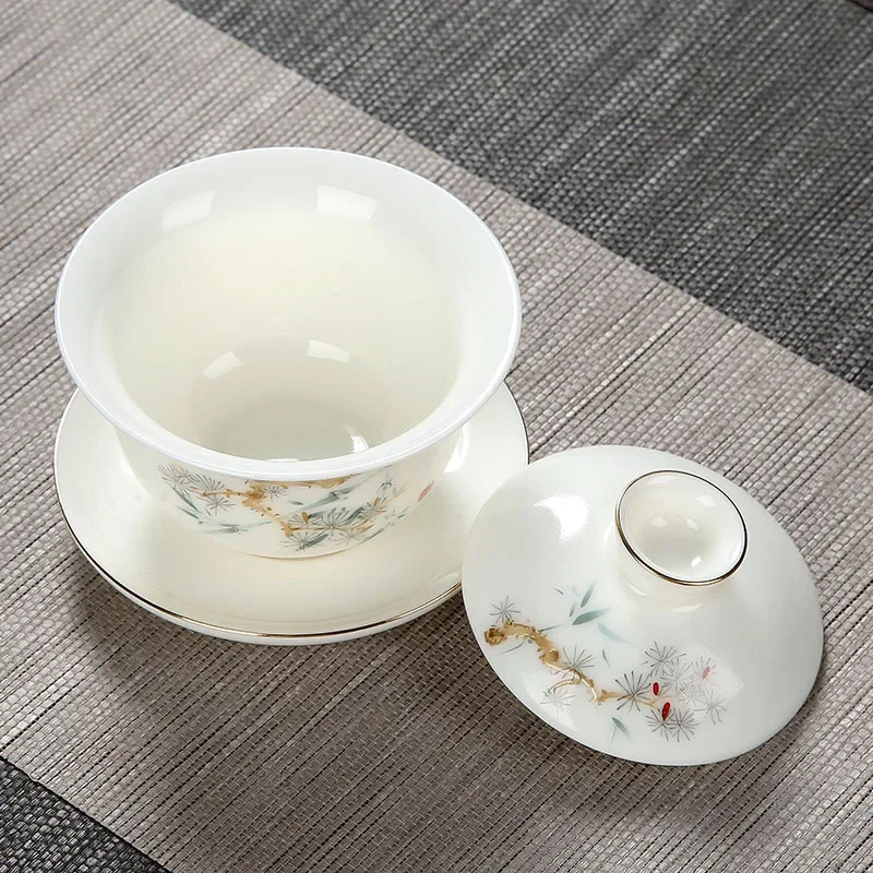 White Jade Porcelain Tea Bowl, Tea Cup and Saucer, Gaiwan, High-End Chinese Household Tea Set, Ceramic Puer Teacups, Tureen