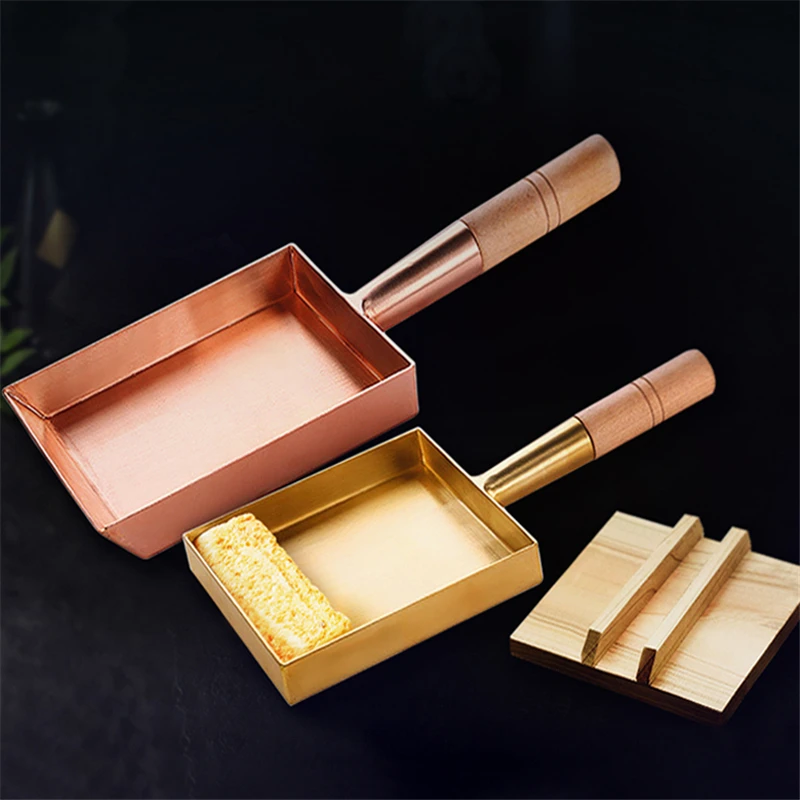 

Brass baking tray Copper frying pan Square pan with wooden handle Copper Pot pancake pan Japanese style Yuzi braised copper pot