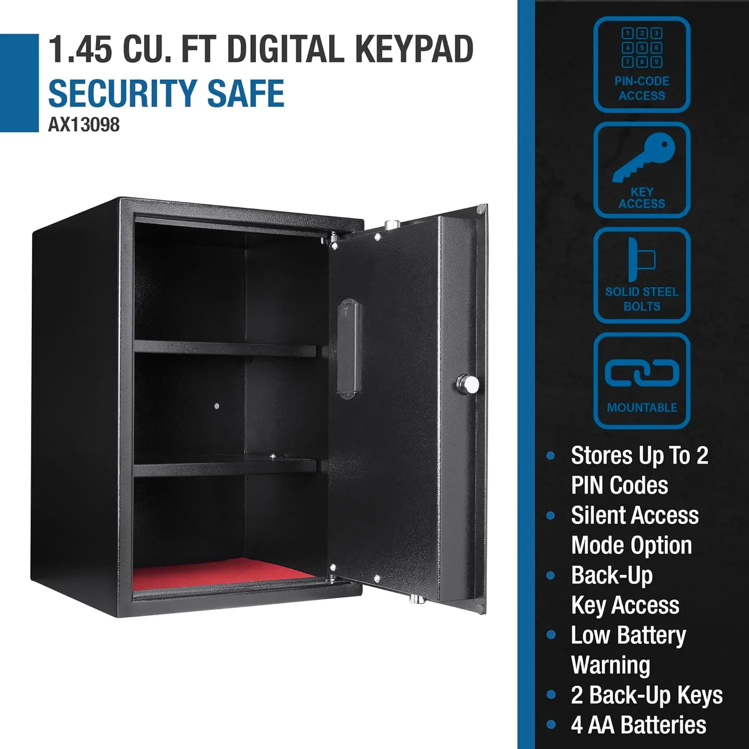 1.45 Cu Ft Large Digital Keypad Safe – Solid Steel with 3 Deadbolts, Removable Shelves, Anti-Pry Door Hinges, Mountable Home & O