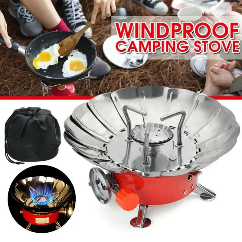 Windproof Piezo Ignition Lotus Gas Stove Outdoor Cooking Gas Burner Cookware With Adapter For Camping Hiking Picnic