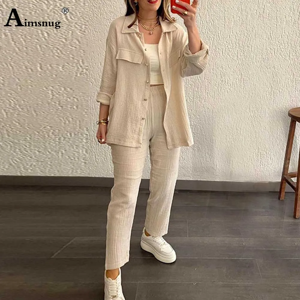 

Aimsnug 2023 New Spring Fashion Tracksuit Sets Women's Blouse And Straight Pants Set Casual Stand Pocket Two Piece Outfits