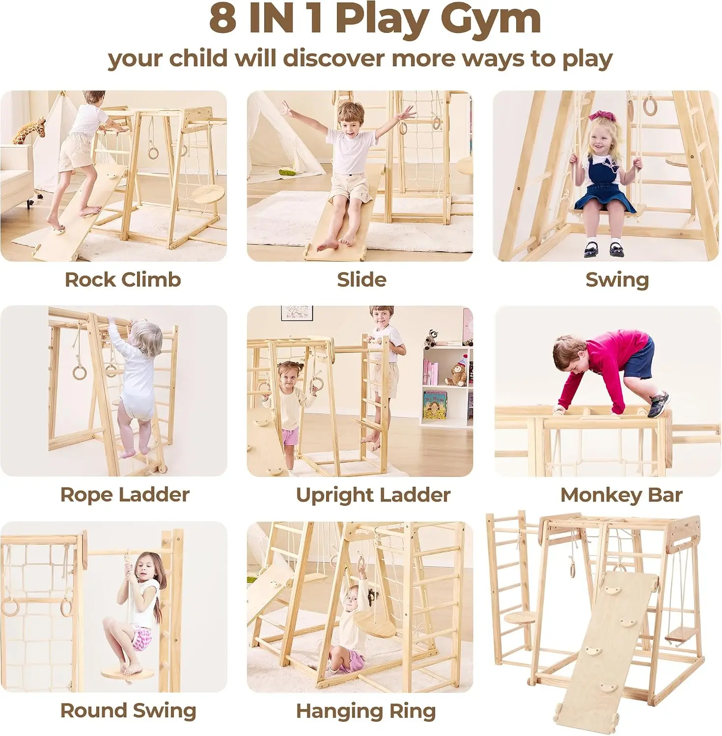 Belleur 8 in 1 Indoor Jungle Gym for Kids 1-6, Wooden Indoor Playground with Slide & Swing, Montessori Climbing Set with Climbin
