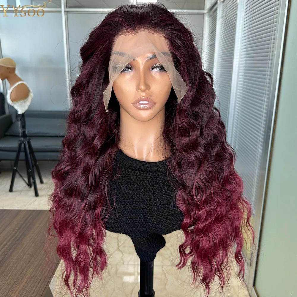 YYWigs 1B/39 Dark Roots Ombre 13x6 Lace Front Long Water Wave Heat Resistant Futura Fiber Synthetic Frontal Wigs for Black Women