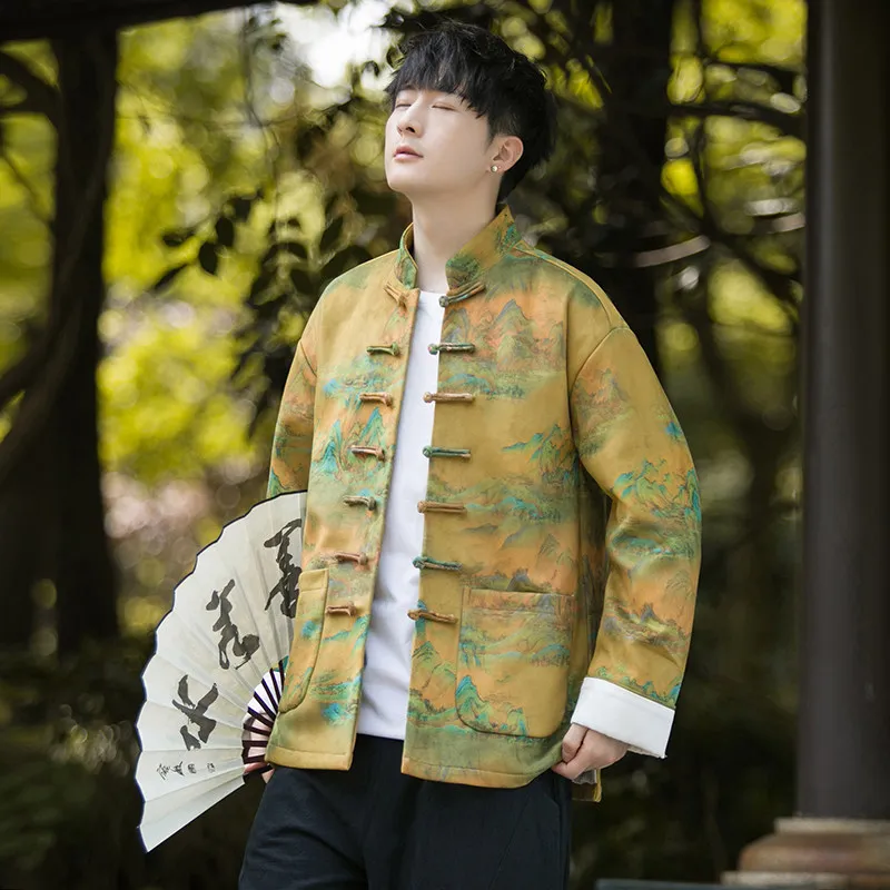 

Loose Men's Hanfu Jaet with Mountain And Water Painting Button Chinese Sle Stand Collar Warm Outerwear for All Seasons